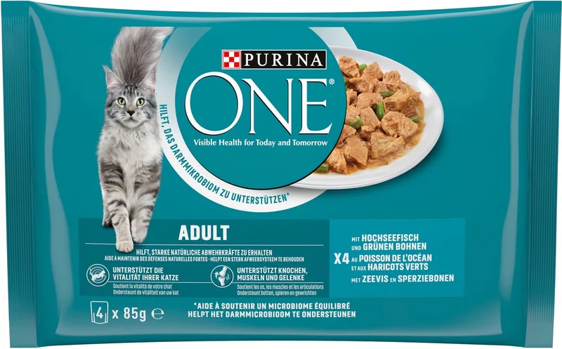 Adult nat kattenvoer, malse stukjes in saus met vis (1 x 4 x 85g) de Purina ONE – photo produit