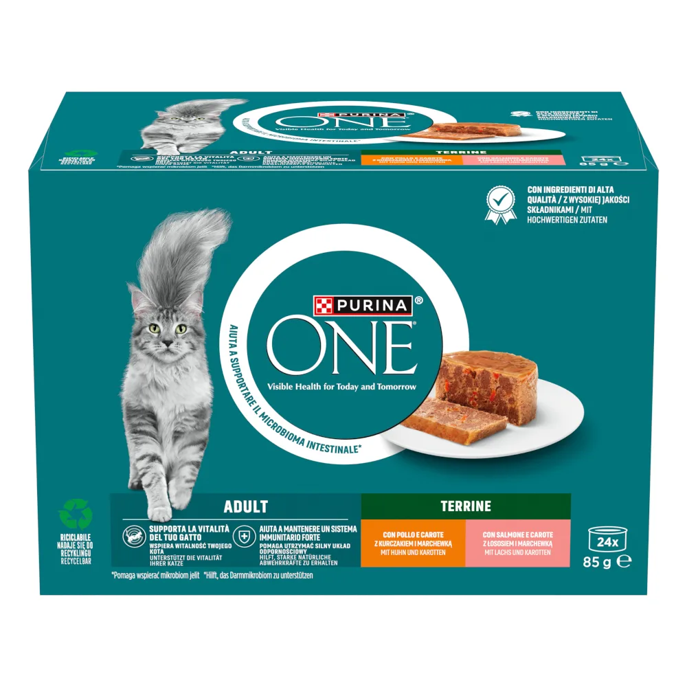 Gemengde verpakking (48 x 85 g) PURINA ONE Adult Terrine nat kattenvoer van Purina ONE – productfoto