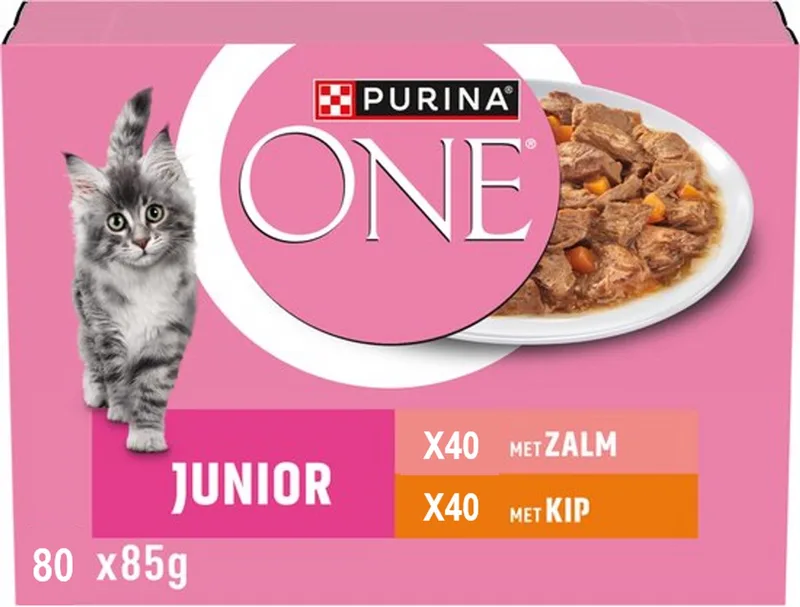 Junior - Kattenvoer Natvoer - Kip & Zalm 80 x 85 gr von Purina ONE – Produktfoto
