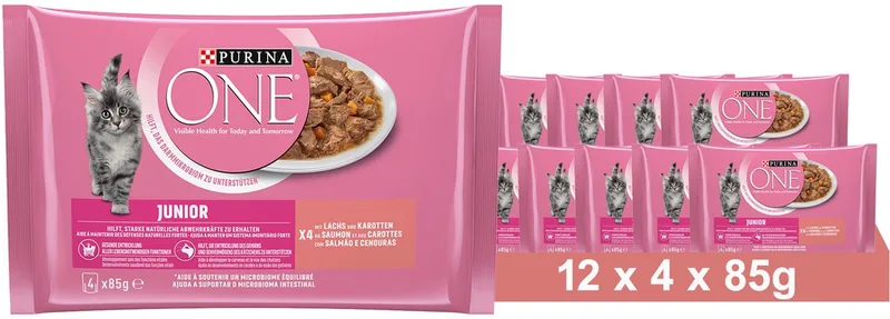 Junior Kittenvoer nat met zalm & wortelen, (12 x 4 x 85g) by Purina ONE – product photo