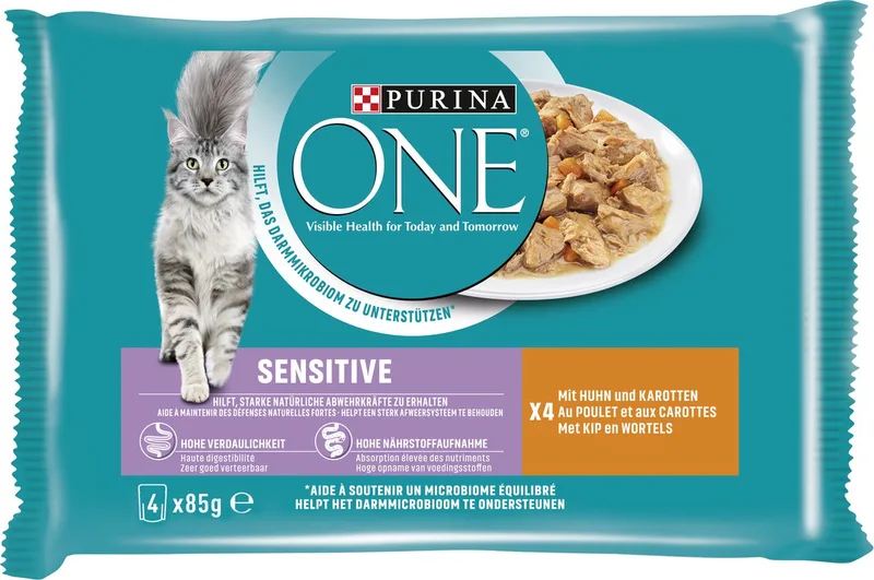 Kattenvoer Nat Sensitive Adult Kip & Wortel - 4 x 85 gr von Purina ONE – Produktfoto