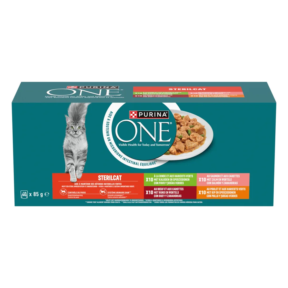 Kattenvoer Sterilcat Adult Pouch Kalkoen & Zalm & Rund & Kip 40x85 gr de Purina ONE – photo produit