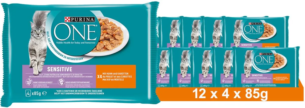 SENSITIVE mini-filets in jus met tonijn en wortelen, natvoer voor katten, zakje 4 x 85 g von Purina ONE – Produktfoto
