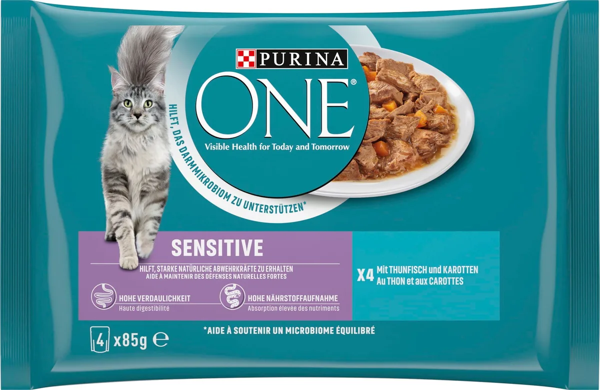 Spezialitäten Sensitive mit Thunfisch und Karotten 4x85g - 340 g von Purina ONE – Produktfoto