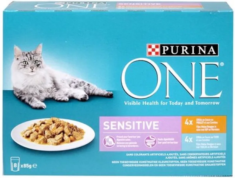 2x PURINA ONE Katten natvoer Sensitive met Kip & Tonijn Wortelen, Multipack 8 x 85g von Purina – Produktfoto