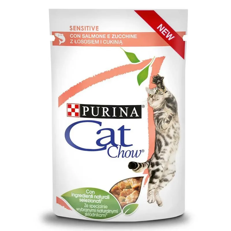 Nourriture Humide Pour Chats Sensibles Cat Chow Au Saumon Et Aux Courgettes En Sauce 85g de Purina – photo produit