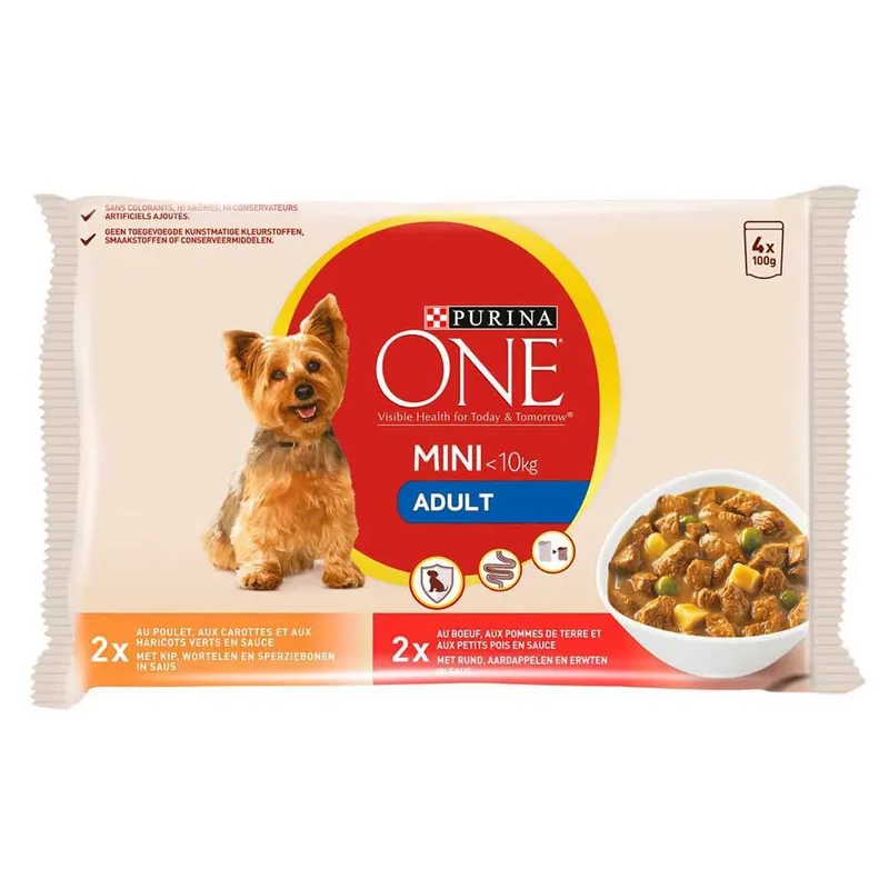 Eén Blikje Natvoer Voor Kleine Volwassen Honden Kip En Rundvlees 4x100g van Purina – productfoto