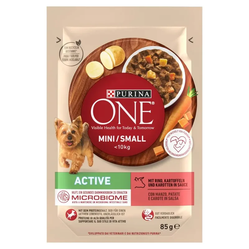Eén Klein Zakje Natvoer Voor Actieve Volwassen Honden Rundvlees 85g från Purina – produktbild