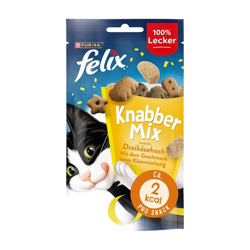 FELIX KnabberMix Dreikäsehoch Katzensnack, Knusper-Leckerlie mit Käsegeschmack, 8er Pack (8 x 60 g) von Purina – Produktfoto