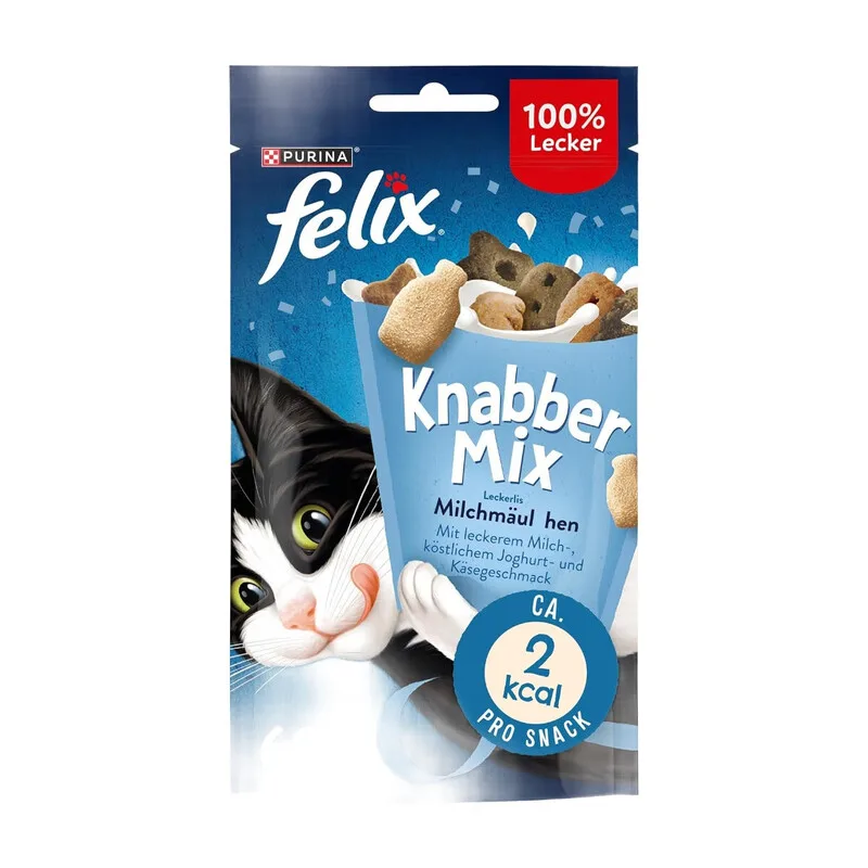 FELIX KnabberMix Milchmäulchen Katzensnack, Knusper-Leckerlie Laktosearm, 8er Pack (8 x 60 g) von Purina – Produktfoto