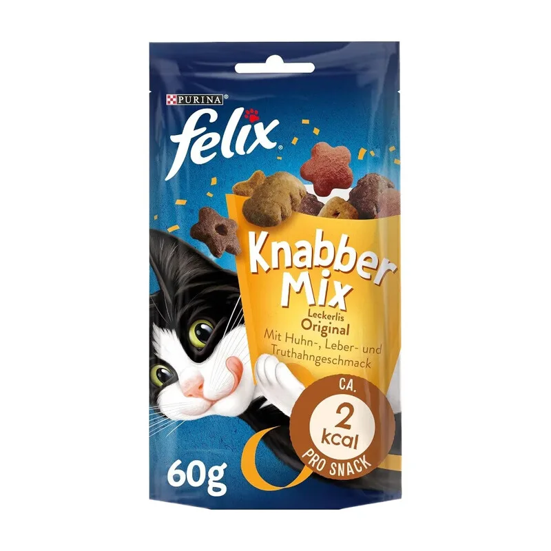 FELIX KnabberMix Original mit Huhn-, Leber- & Truthahngeschmack - 8 x 60 g - Bunte Katzensnacks von Purina – Produktfoto