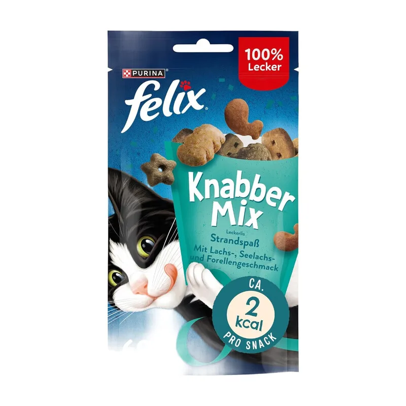 FELIX KnabberMix Strandspaß Katzensnack, Knusper-Leckerlie mit Fisch-Geschmack, 8er Pack (8 x 60 g) von Purina – Produktfoto