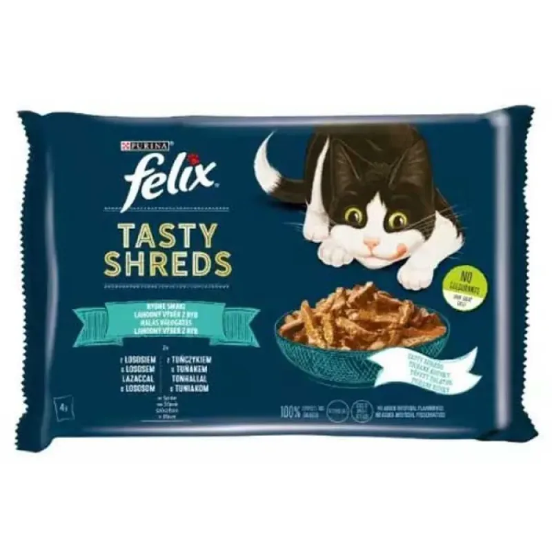 Felix Tasty Shreds Zalm En Tonijn Natvoer Voor Katten 80g 4 Eenheden by Purina – product photo