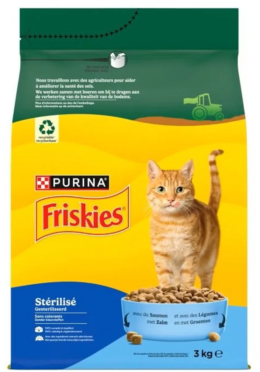 Friskies katten droegvoer Gesteriliseerd met Zalm en Groenten 3 kg van Purina – productfoto