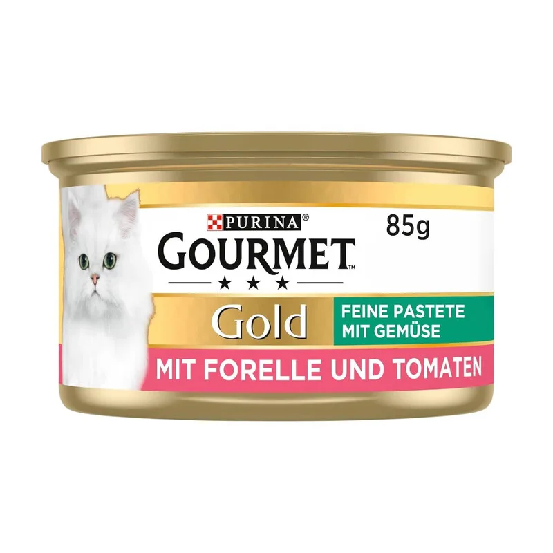 GOURMET Gold Feine Pastete mit Gemüse Katzenfutter nass, mit Forelle und Tomaten, 12er Pack (12 x 85 g) von Purina – Produktfoto