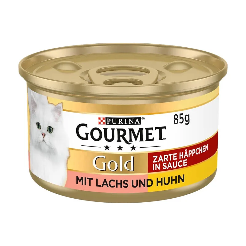 GOURMET Gold Zarte Häppchen in Sauce Katzenfutter nass, mit Lachs und Huhn, 12er Pack (12 x 85 g) von Purina – Produktfoto