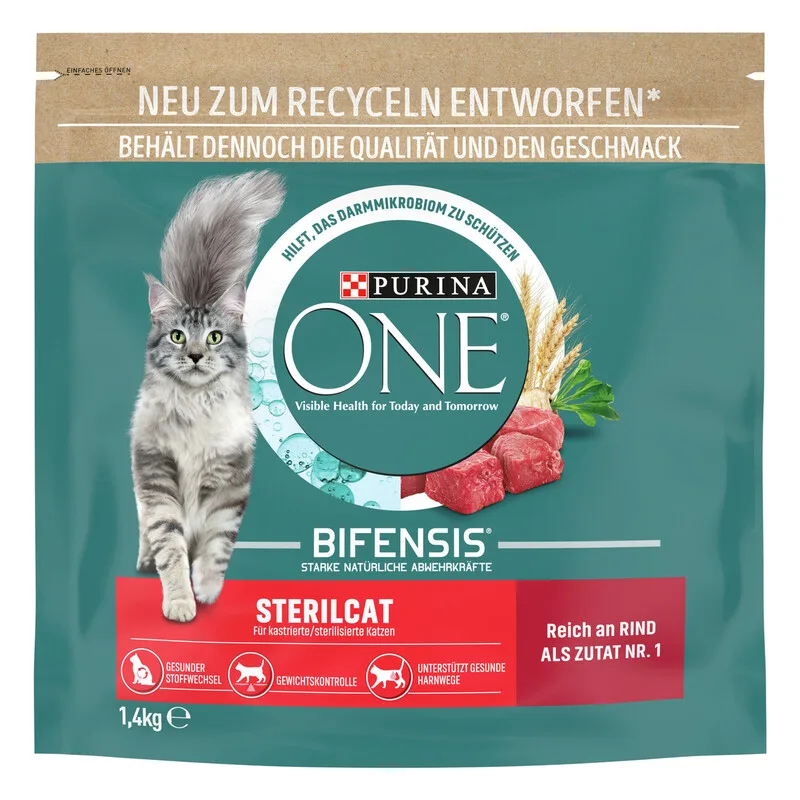 ONE BIFENSIS Sterilcat Trockenfutter für kastrierte Katzen, reich an Rind - 6 x 1,4 kg - Für Gewicht & Harnwege de Purina – photo produit
