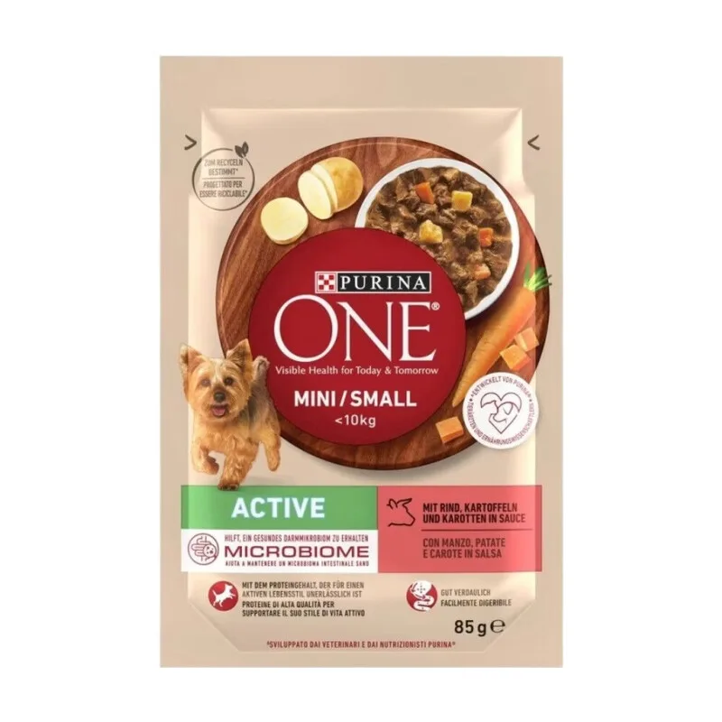 ONE Mini/Small Active Nassfutter für Hunde mit Rind - 26 x 85 g - Für kleine erwachsene Hunde von Purina – Produktfoto
