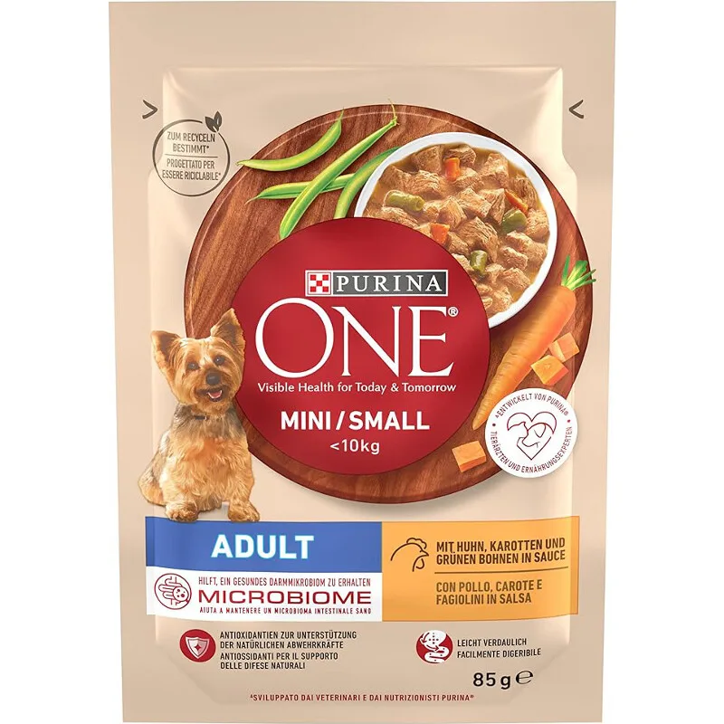 ONE Mini/Small Adult Hundefutter nass für kleine Hunde, reich an Huhn & Gemüse, 26er Pack (26 x 85 g) von Purina – Produktfoto