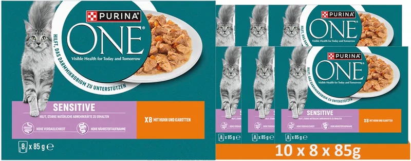 ONE SENSITIVE 8-pack kattenvoer, zachte stukjes in saus met kip en wortelen (10 x 8 x 85g) von Purina – Produktfoto