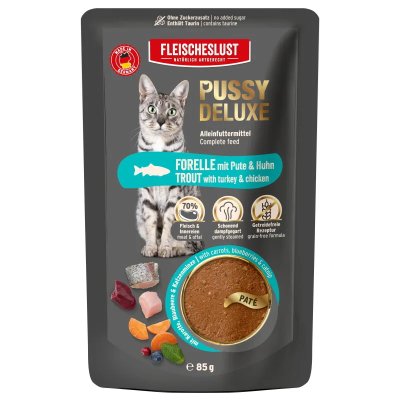 Forelle mit Pute & Huhn Alleinfutter Pouch Katze 10x85g von Pussy Deluxe in Regular – Produktfoto