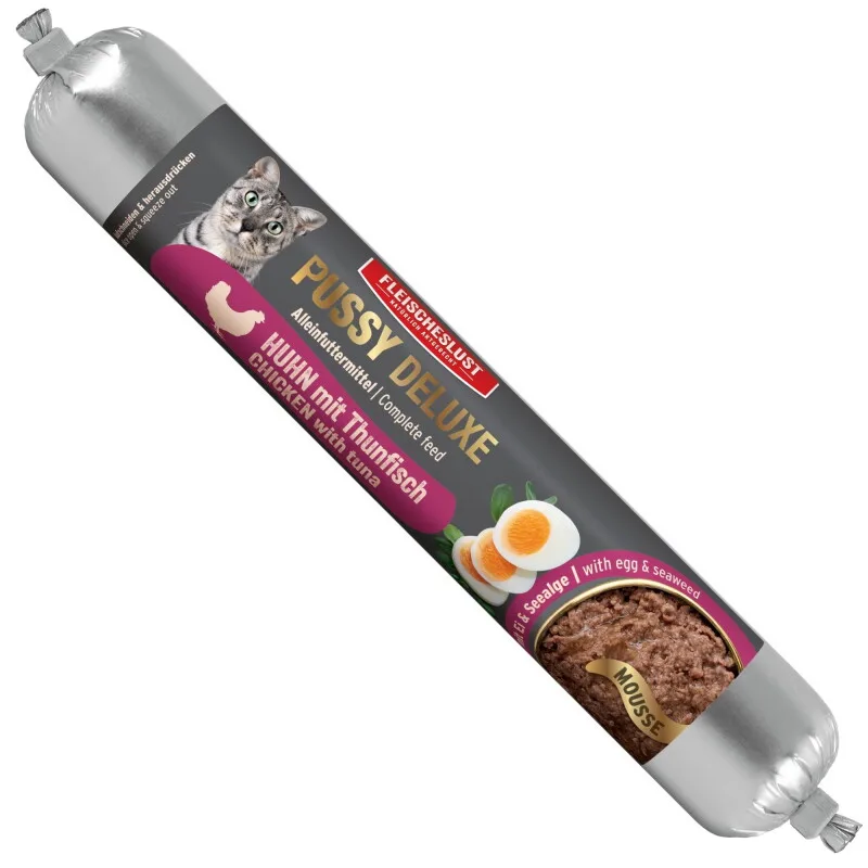 Huhn mit Thunfisch Alleinfutter Wurst Katze 12x100g von Pussy Deluxe in Regular – Produktfoto