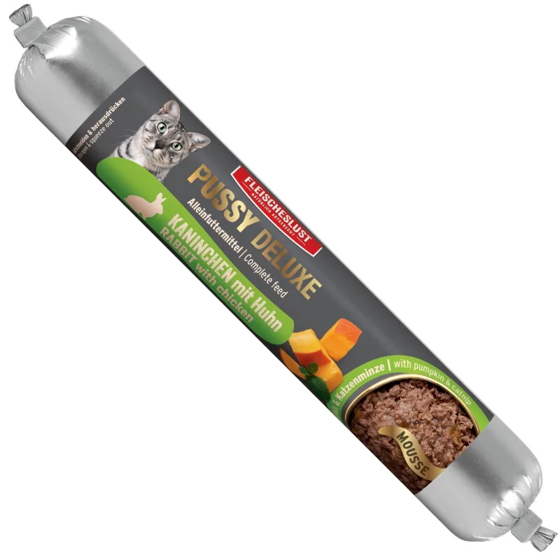 Kaninchen mit Huhn Alleinfutter Wurst Katze 12x100g von Pussy Deluxe in Regular – Produktfoto