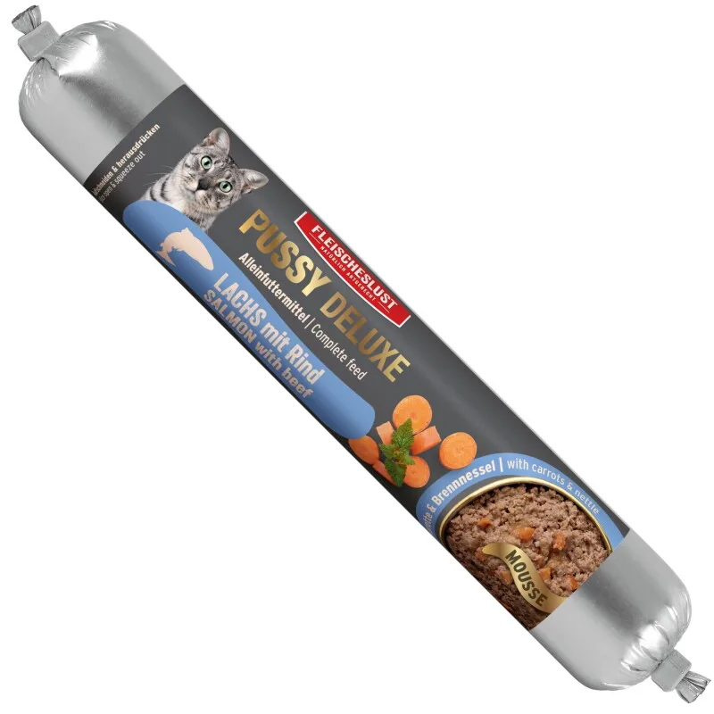 Lachs mit Rind Alleinfutter Wurst Katze 12x100g von Pussy Deluxe in Regular – Produktfoto