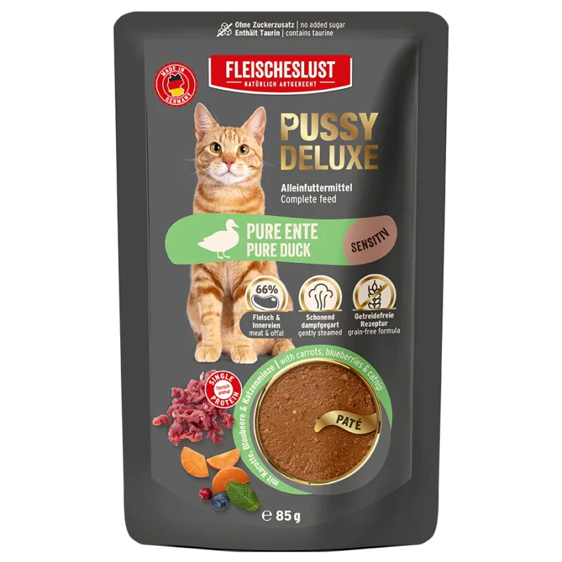 Sensitiv Pure Ente Alleinfutter Pouch Katze 10x85g von Pussy Deluxe in Regular – Produktfoto