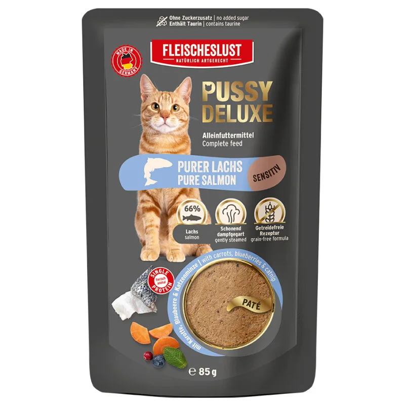 Sensitiv Purer Lachs Alleinfutter Pouch Katze 10x85g von Pussy Deluxe in Regular – Produktfoto