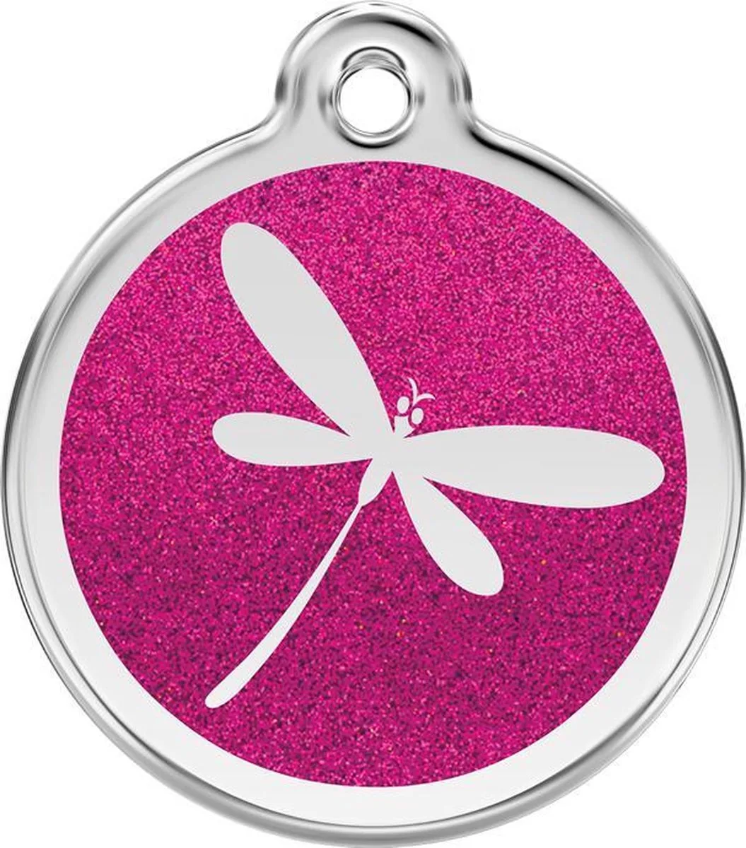 Hondenpenning 20 mm libellen glitter roze van Red Dingo in Roze met libellen – productfoto