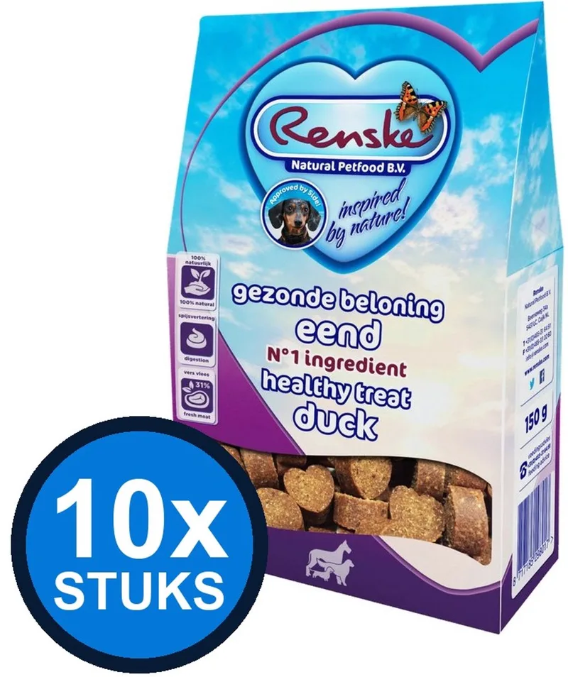 10x Renske - Gezonde beloning hartjes hond eend 150gr - Hondenvoer Snacks - 150 g von Renske – Produktfoto