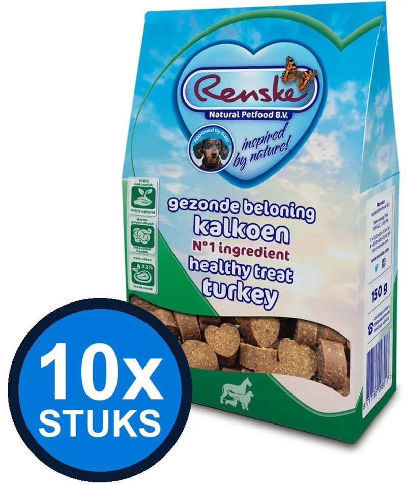10x Renske - Gezonde beloning hartjes hond kalkoen 150gr - Hondenvoer Snacks - 150 g by Renske – product photo