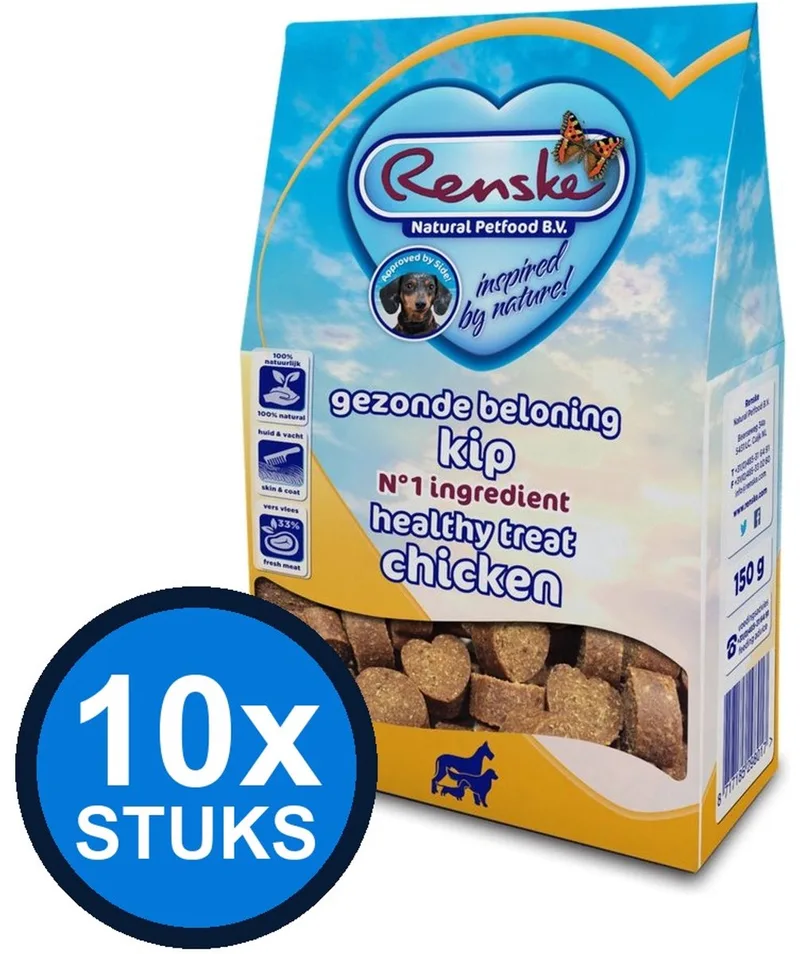 10x Renske - Gezonde beloning hartjes hond kip 150gr - Hondenvoer Snacks - 150 g fra Renske – produktbillede