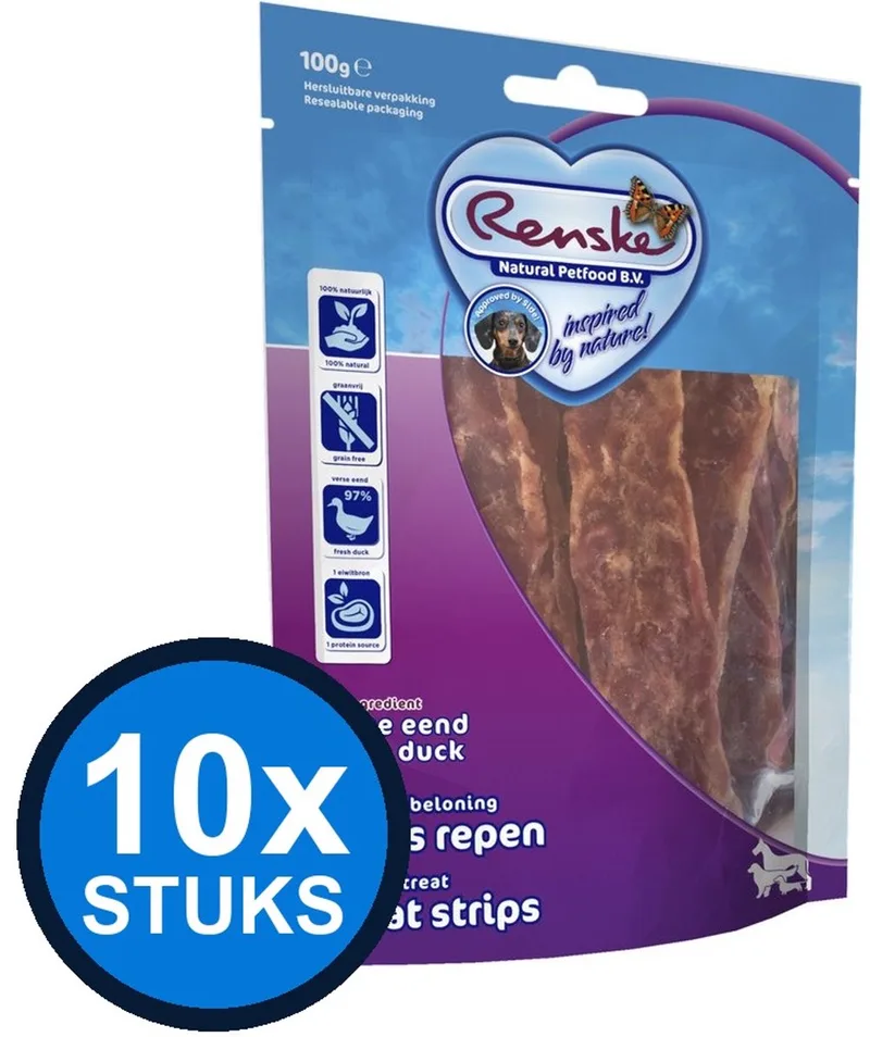 10x Renske - Gezonde beloning vleesrepen hond eend 100gr - Hondenvoer Snacks - 100 g by Renske – product photo
