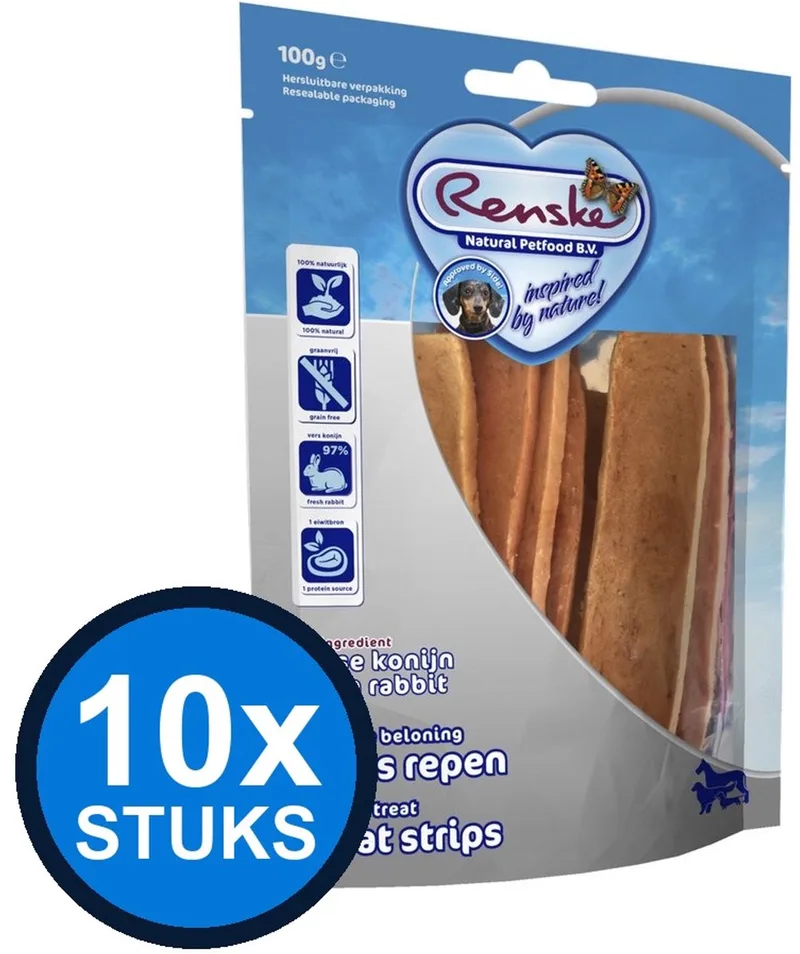 10x Renske - Gezonde beloning vleesrepen hond konijn 100gr - Hondenvoer Snacks - 100 g by Renske – product photo