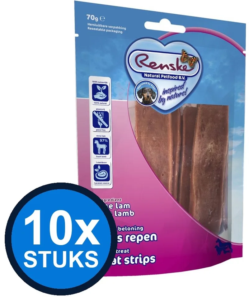 10x Renske - Gezonde beloning vleesrepen hond lam 70gr - Hondenvoer Snacks - 70 g by Renske – product photo