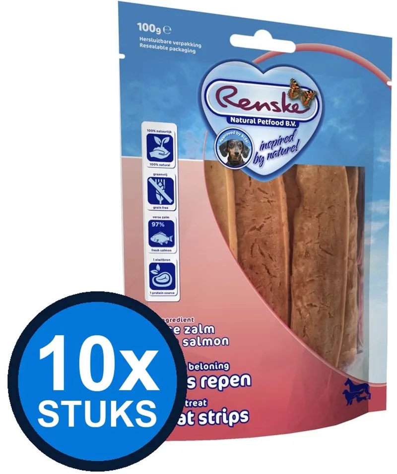10x Renske - Gezonde beloning vleesrepen hond zalm 100gr - Hondenvoer Snacks - 100 g de Renske – photo produit