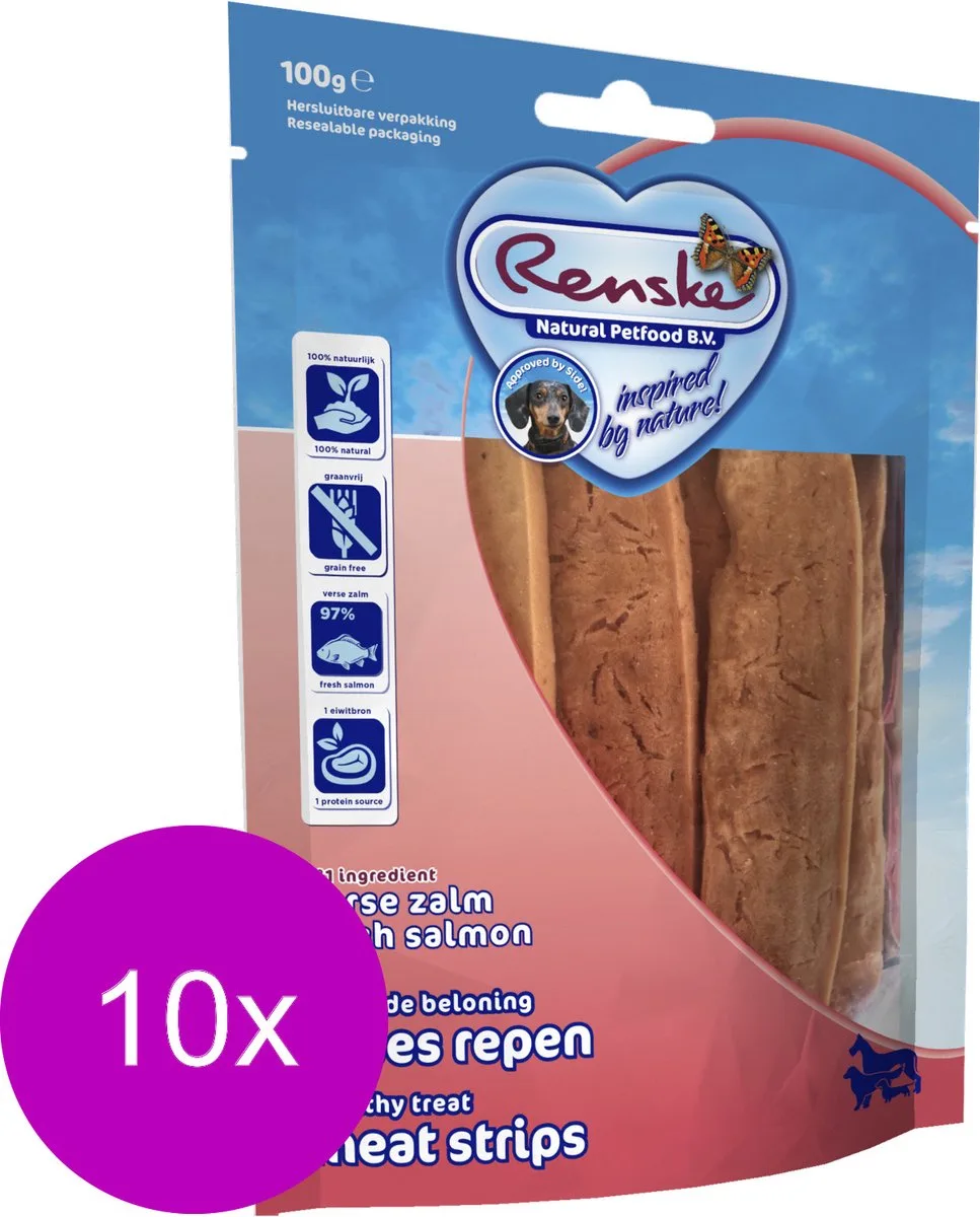 10x Renske Gezonde Beloning Vleesstrips Zalm 100 gr van Renske – productfoto
