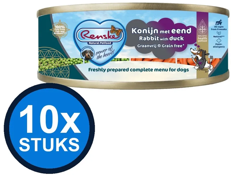 10x Renske vers vlees maaltijd hond eend/konijn graanvrij 95gr van Renske – productfoto