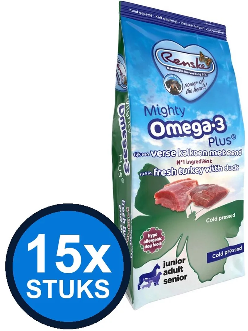 15x Renske - Mighty Omega-3 Plus kalkoen&eend koud geperst 600gr - Hondenvoer - 600 g de Renske – photo produit