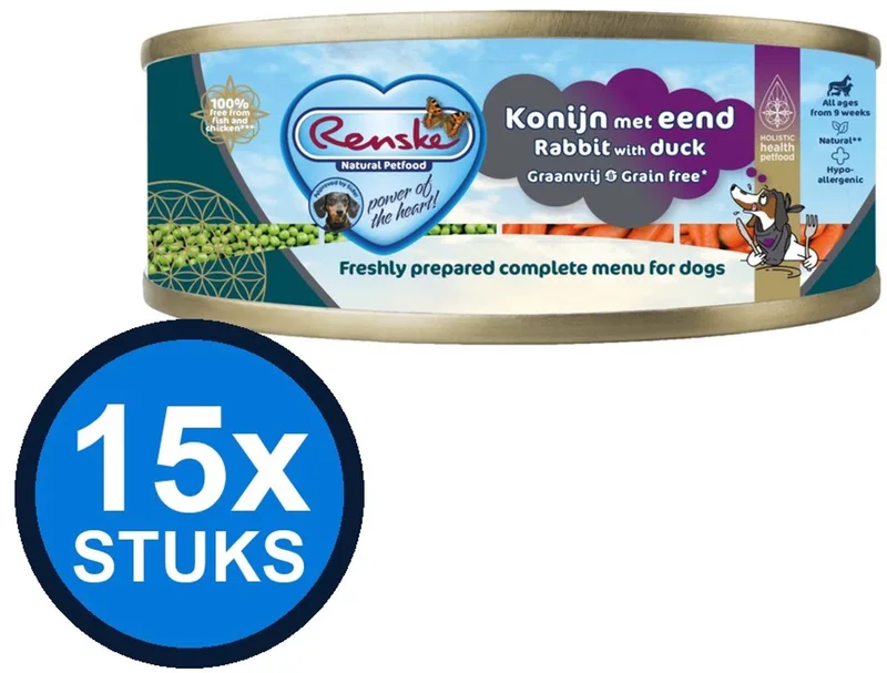 15x Renske vers vlees maaltijd hond eend/konijn graanvrij 95gr von Renske – Produktfoto