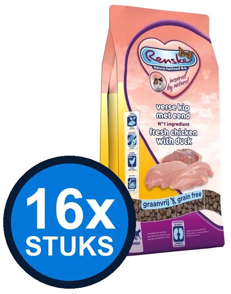 16x Renske - Super Premium droog kat senior kip&eend 400gr - Kattenvoer - 400 g von Renske – Produktfoto