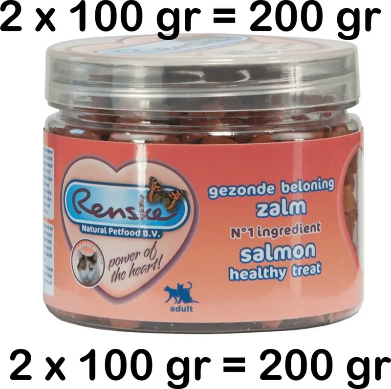 ** 2 X ** RENSKE kattensnack - gezonde beloning ZALM- hartjes - 86% zalm - n° 1 ingredient 100 gr ** = 200 GR ** by Renske – product photo