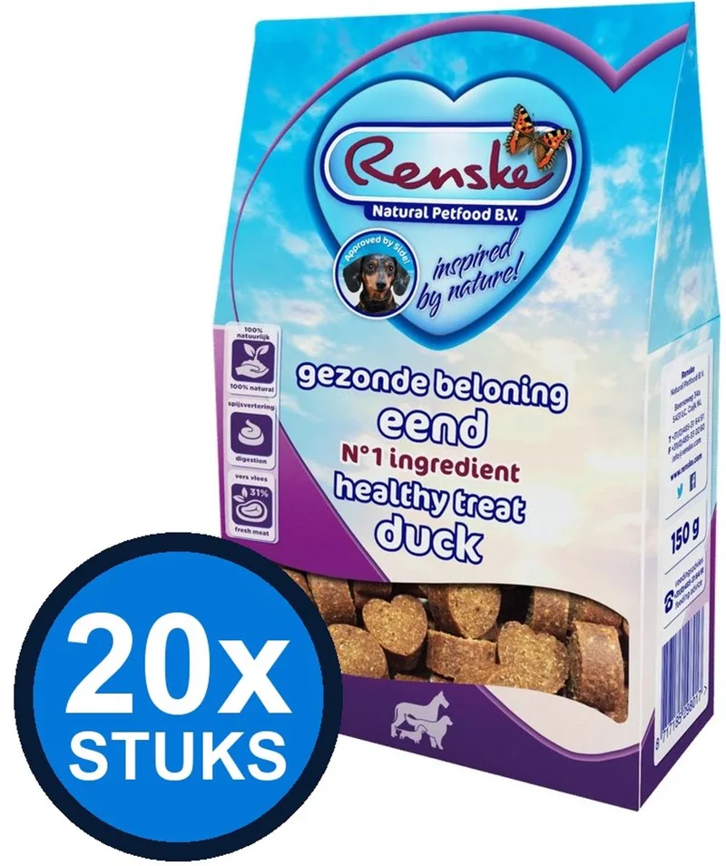 20x Renske - Gezonde beloning hartjes hond eend 150gr - Hondenvoer Snacks - 150 g de Renske – photo produit