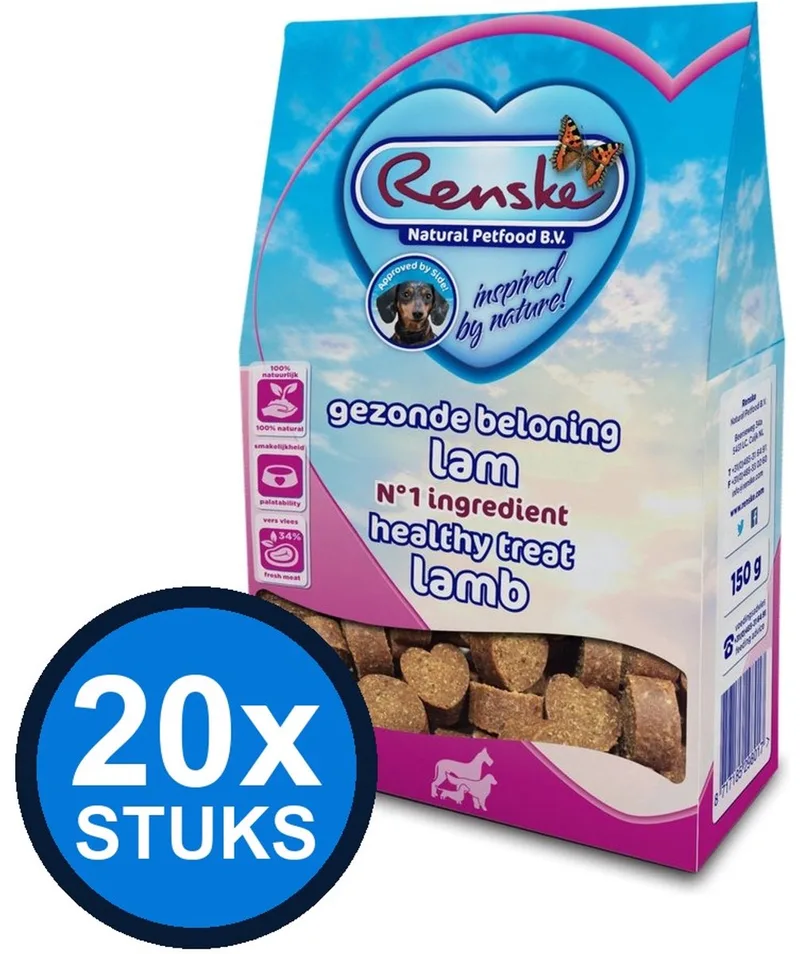 20x Renske - Gezonde beloning hartjes hond lam 150gr - Hondenvoer Snacks - 150 g von Renske – Produktfoto