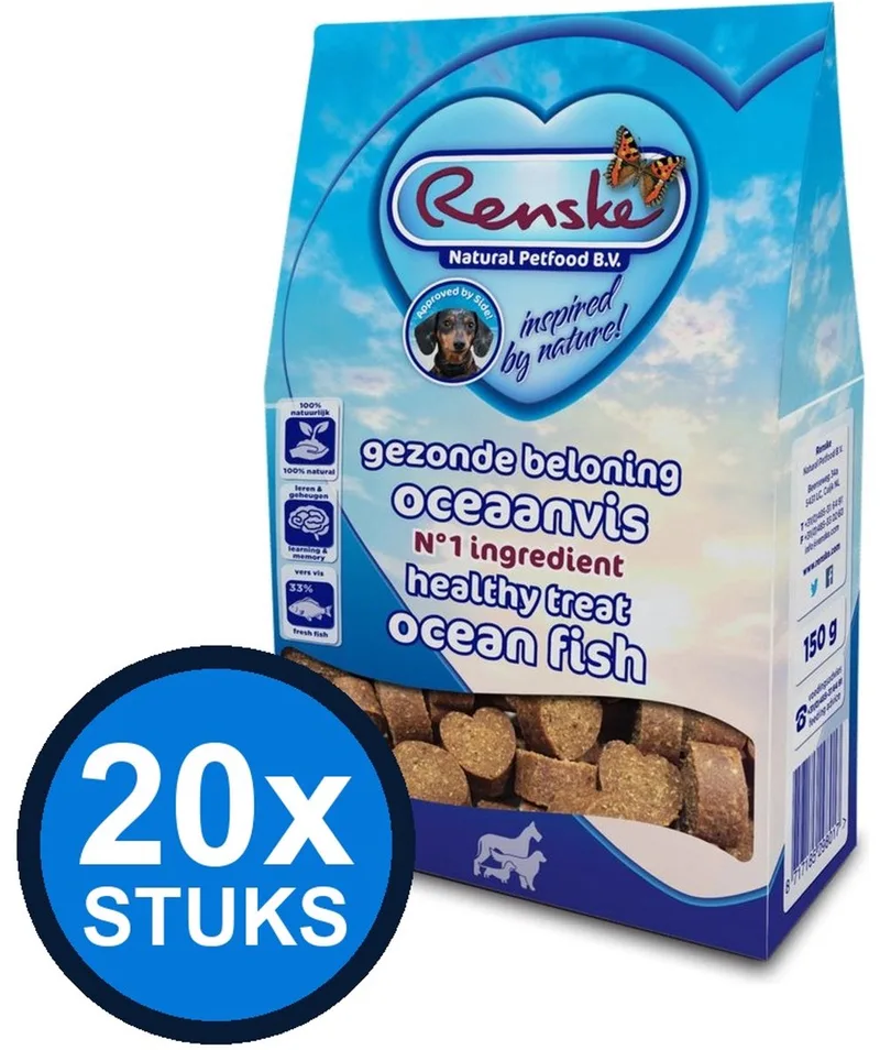20x Renske - Gezonde beloning hartjes hond vis 150gr - Hondenvoer Snacks - 150 g de Renske – photo produit