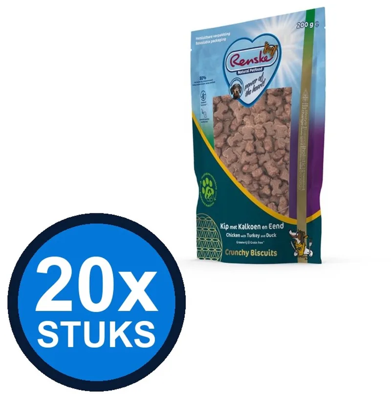 20x Renske - Gezonde beloning hond crunchy kip&kalkoen&eend 200gr - Hondenvoer Snacks - 200 g von Renske – Produktfoto
