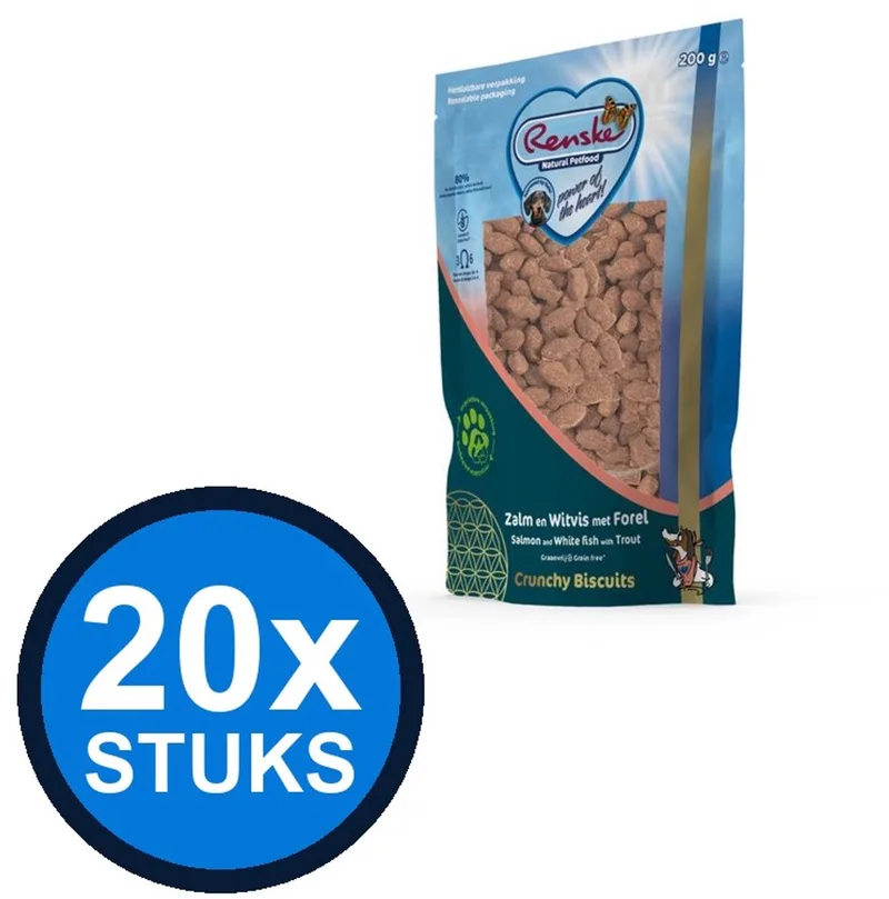 20x Renske - Gezonde beloning hond crunchy zalm&witvis&forel 200gr - Hondenvoer Snacks - 200 g fra Renske – produktbillede