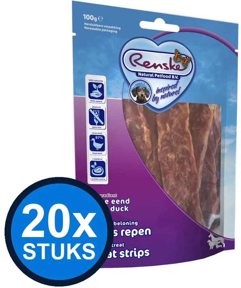 20x Renske - Gezonde beloning vleesrepen hond eend 100gr - Hondenvoer Snacks - 100 g von Renske – Produktfoto